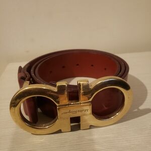 Salvatore Ferragamo Burgundy Leather Belt with Gold Buckle